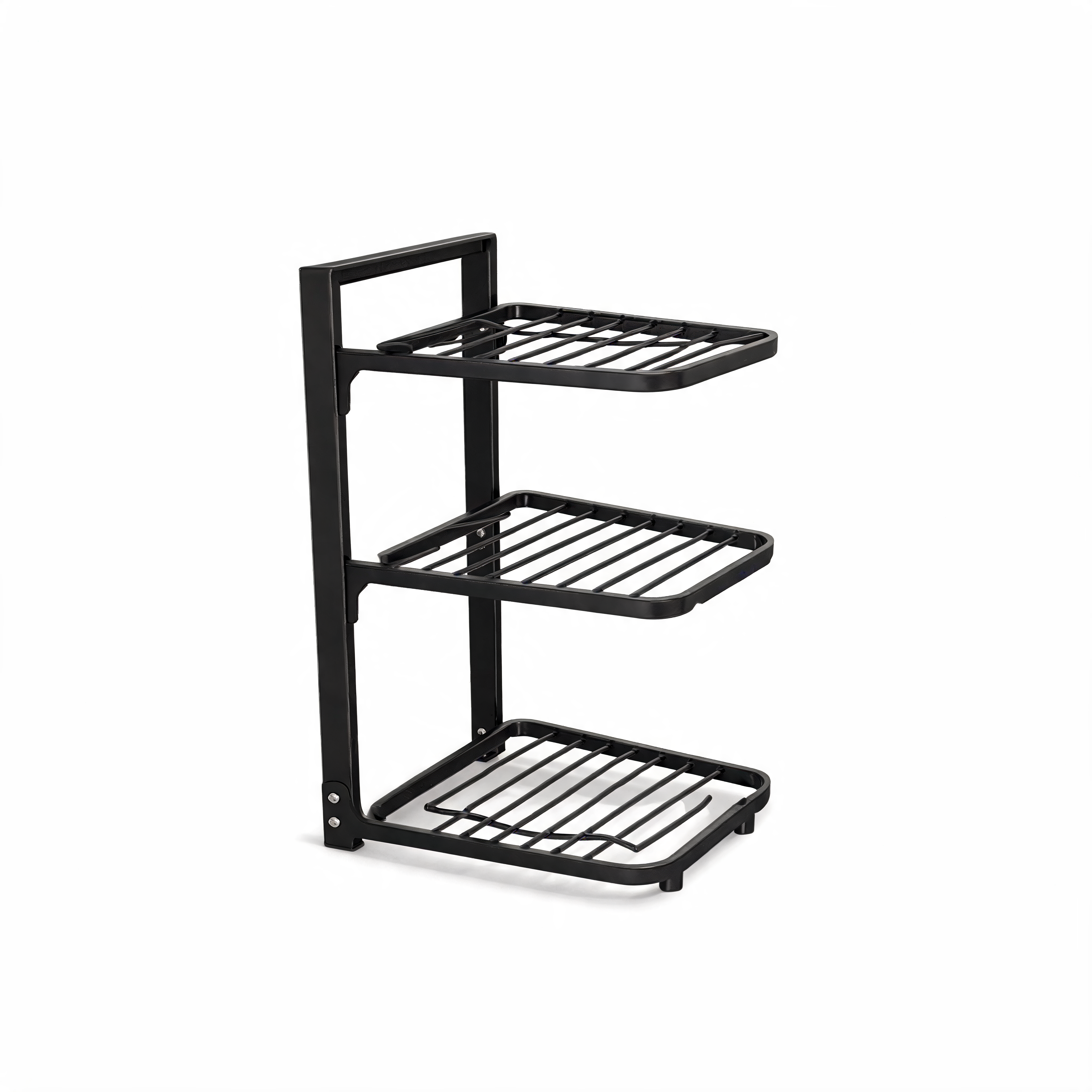 Black 3-tier pot and pan organizer rack on white background